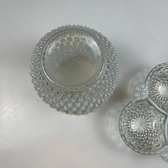 Vtg Fenton hobnail opalescent glass candy trinket dish, vase, parfum bottle set - Picture 3 of 16
